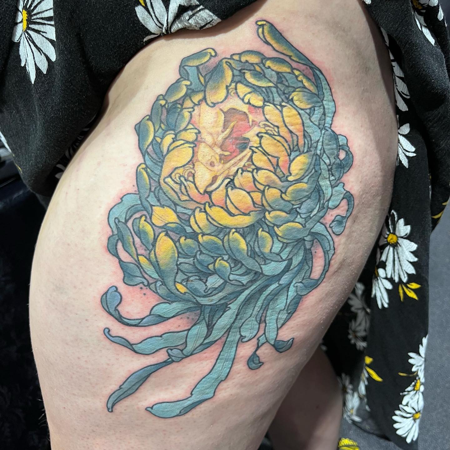 Japanese chrysanthemum flower tattoo blue and yellow